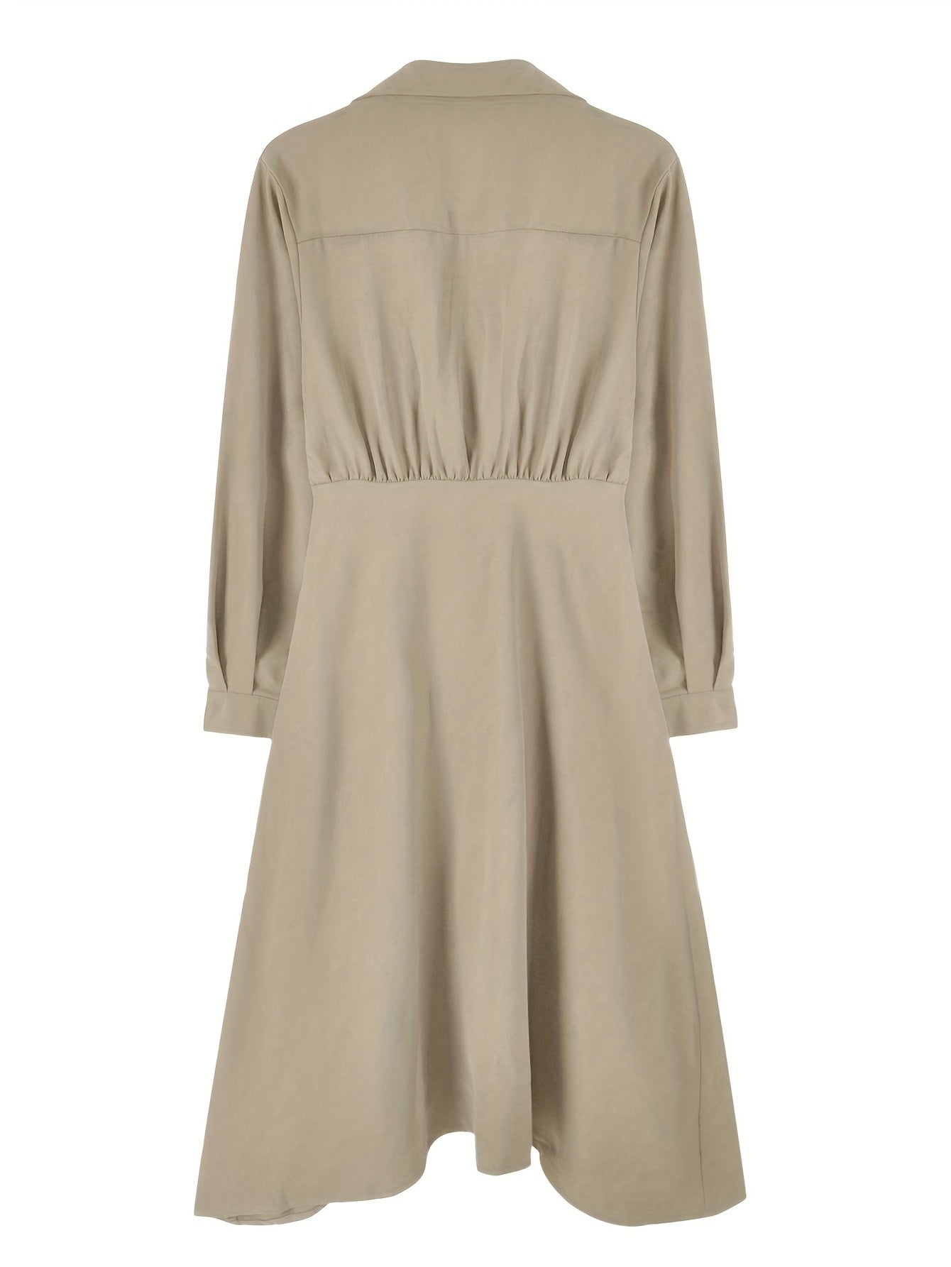 Women's Elegant Solid Color Mid-Length Dress with Shirt Collar, Side Tie Waist, Long Sleeves, Button Detail, A-Line Silhouette, Polyester, Spring/Autumn Fashion, Korean Style