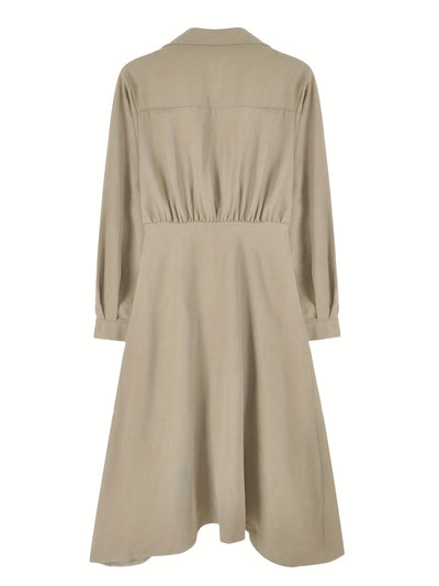 Women's Elegant Solid Color Mid-Length Dress with Shirt Collar, Side Tie Waist, Long Sleeves, Button Detail, A-Line Silhouette, Polyester, Spring/Autumn Fashion, Korean Style