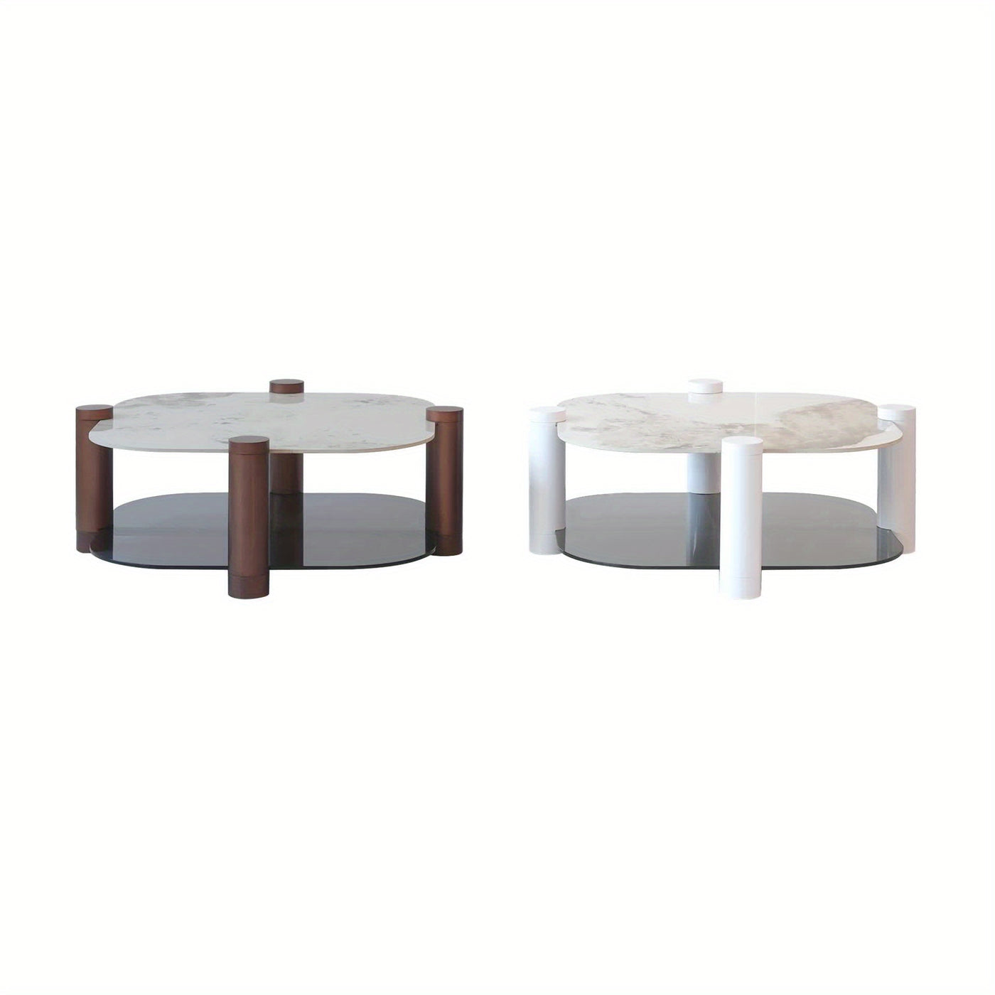 35.4 Inches Coffee Table, 2-layer Storage Space, Round Decorative Table, Rock Board And Glass Can Be Freely Matched, Suitable For Living Room, Bedroom, Small Space