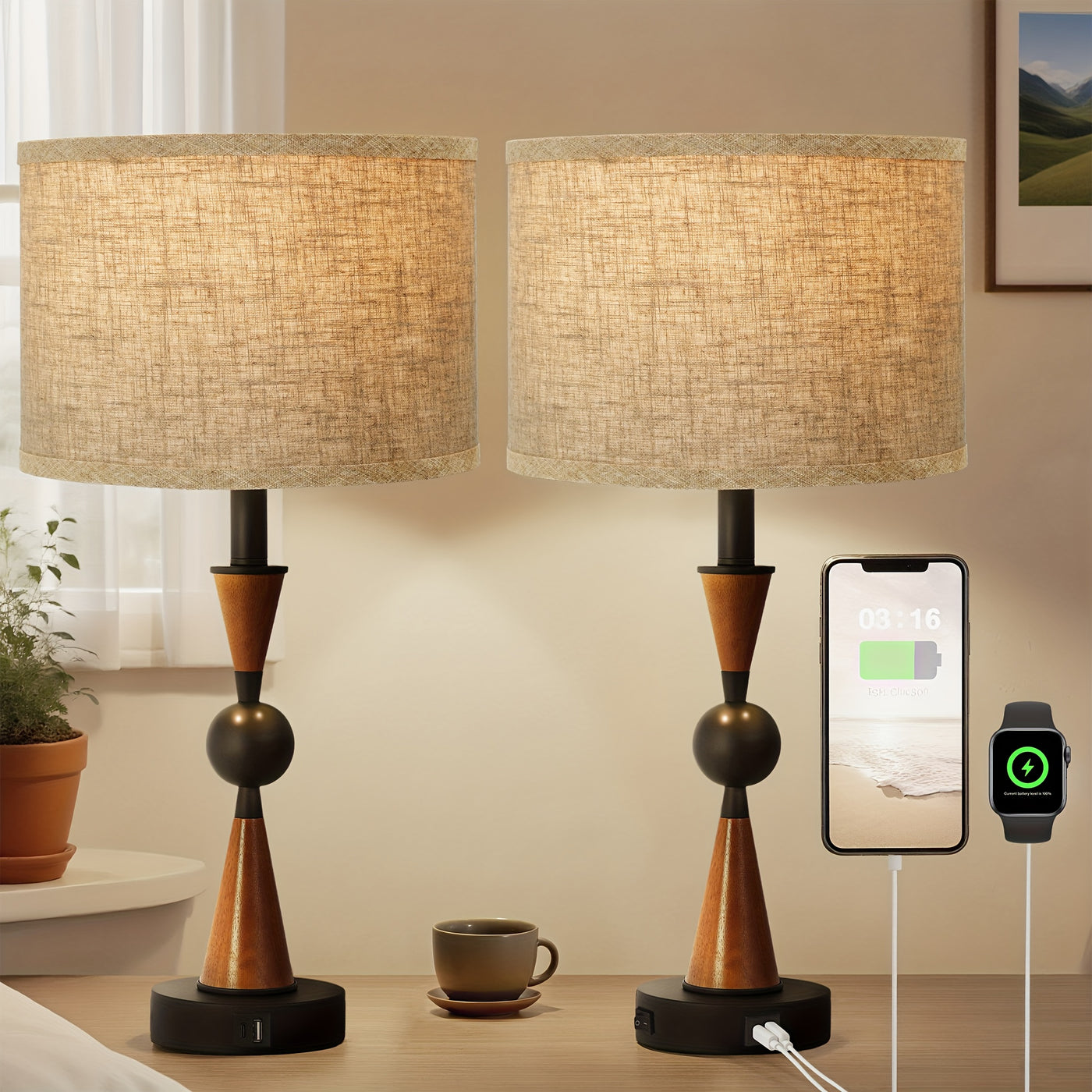 2 Sets USB-C & USB-A Dual Port Table Lamp with Linen Shade - Farmhouse & Industrial Bedside, Cordless-like, Switch-Controlled (No) - Easy Assembly Desk Lamp for Bedroom, Living Room, Nightstand (Compatible with, Lamps, Bedsid