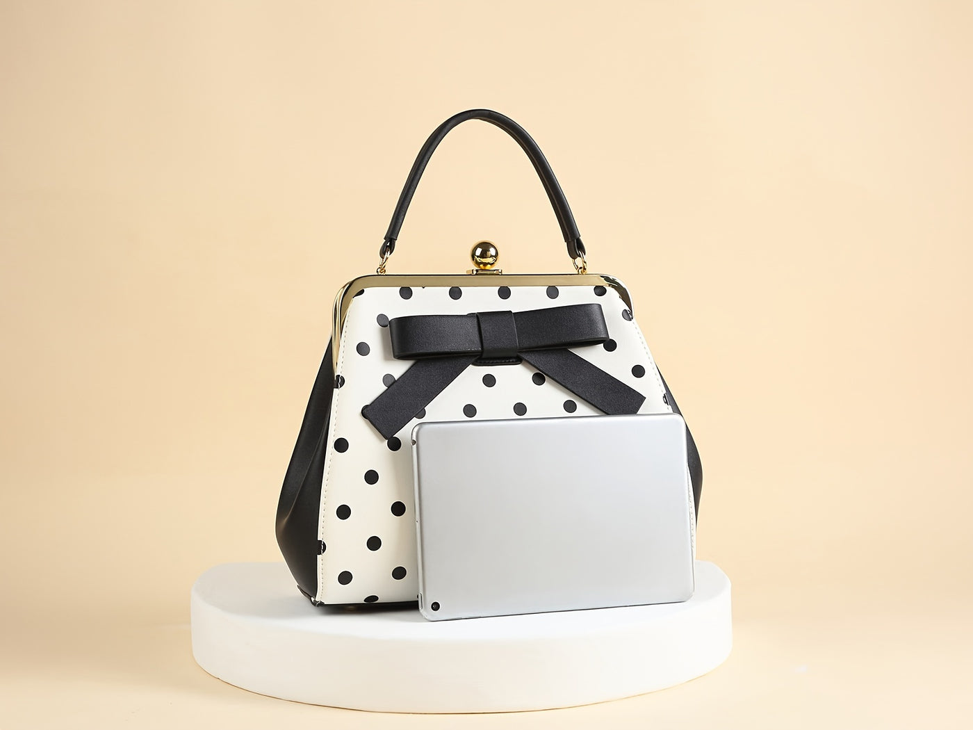 [Elegant Handbag] High Quality Lacquered Handbag | 2024 Autumn New Korean Polka Dot for Women - Kiss Lock Closure, Removable Shoulder Strap & Bow Detail, Glossy Patent Look (Black/White, Bronze, Pink & White) - Perfect for We