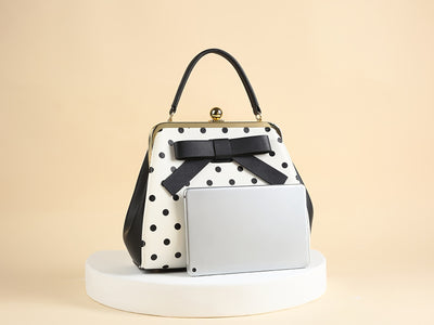 [Elegant Handbag] High Quality Lacquered Handbag | 2024 Autumn New Korean Polka Dot for Women - Kiss Lock Closure, Removable Shoulder Strap & Bow Detail, Glossy Patent Look (Black/White, Bronze, Pink & White) - Perfect for We