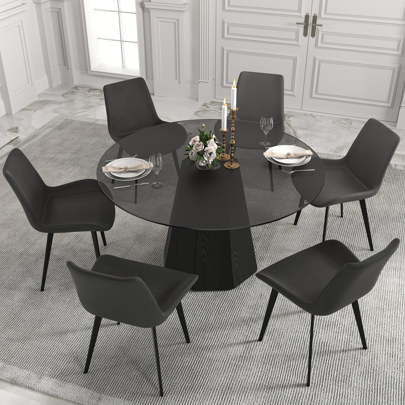 Glass Round Dining Table For 6-8, Modern Dining Table 59" Dining Room Table Round Black Glass Top With Solid Base For Kitchen