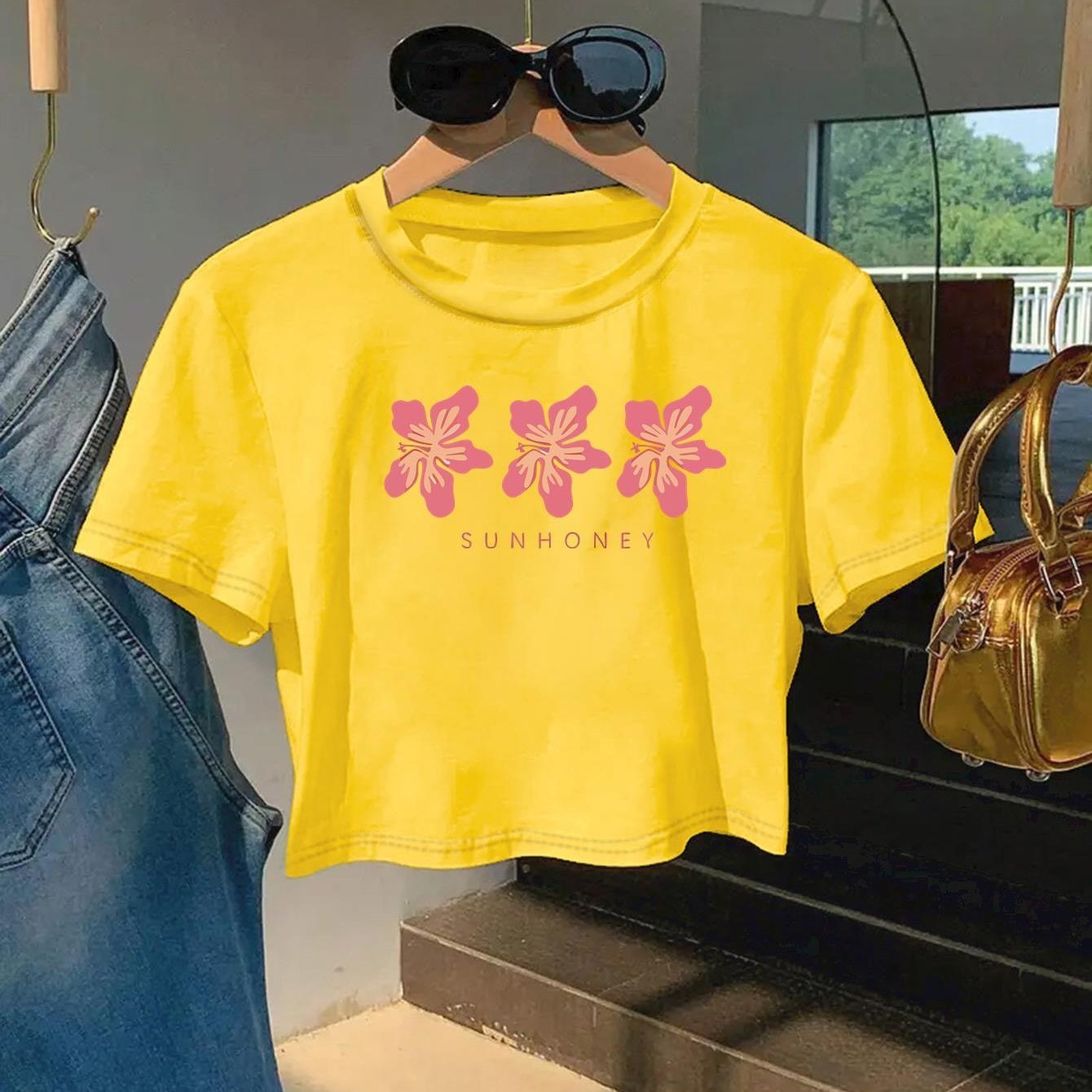 Women'S Floral Print Crop Top T-Shirt - "SUNHONEY" Design with Pink Butterflies, Casual Round Neck Short Sleeve Tee, Lightweight Polyester, Machine Washable, Perfect for Spring/Summer Outfits, Spring Fashion Top | Butterfly P