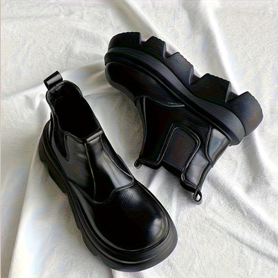 Women's Slip-On Chunky Platform Ankle Boots - Round Toe Winter Casual Shoes with Faux Cover & Fabric Upper, Thick Rubber Sole for Warmth & Traction, Versatile for Everyday & Semi-Formal Outfits, Durable Traction Footwear