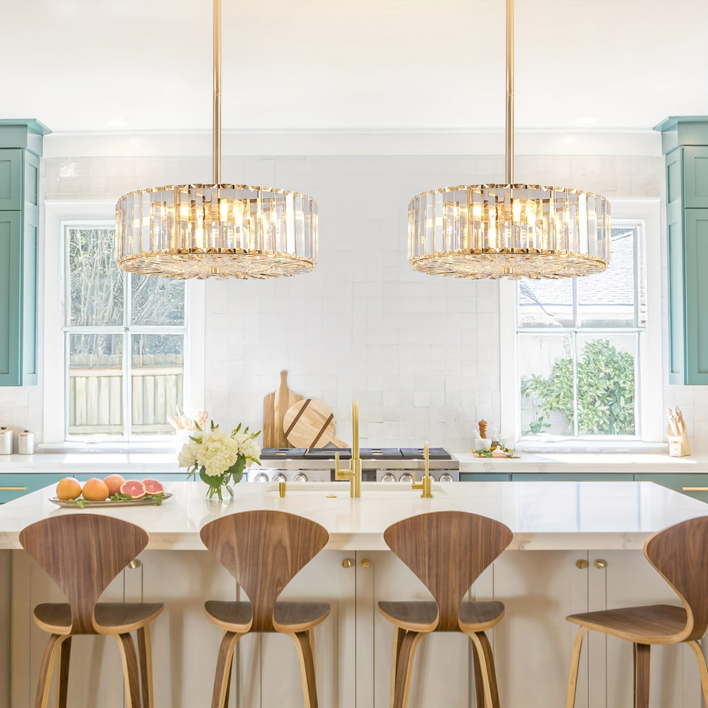 Golden Crystal Chandelier For Dining Room, 4-Light Modern Semi Flush Mount Chandelier Lighting Fixtures, Round Kitchen Hanging Drum Pendant Lights Ceiling For Bedroom Entryway Foyer, 15 Inch
