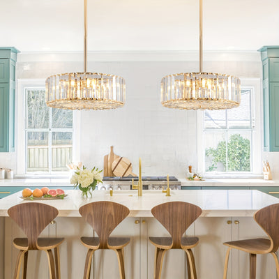 Golden Crystal Chandelier For Dining Room, 4-Light Modern Semi Flush Mount Chandelier Lighting Fixtures, Round Kitchen Hanging Drum Pendant Lights Ceiling For Bedroom Entryway Foyer, 15 Inch