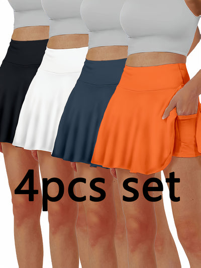 4pcs Women'S Skirt, Elegant Half Waist Skirt, Summer Skirt, Korean Pocket, Gift for Wife, Family, Friends, Breathable Skirt with Built-In Shorts, Anti-Exposure Skirt with Pocket