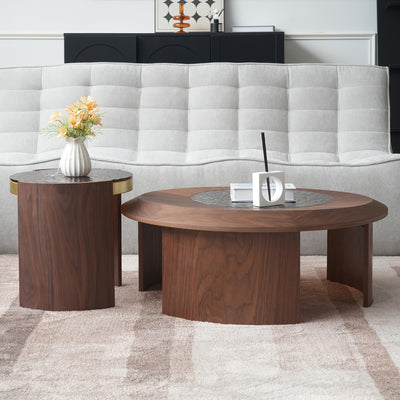 35, 43" Round Nesting Coffee Table Set 2, Mid Century Modern CoffeeTable Round Coffee Table, Walnut & Temper Glass Surface, Round Center Coffee Table for Living Room/Farmhouse/Office/Studio, Living Room Decor, Farmhouse Style