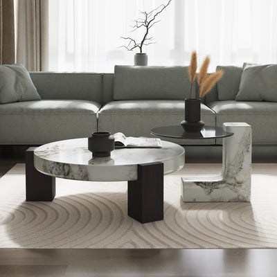 Modern Round Nesting Coffee Tables Set Of 2, Coffee Tables with Faux Marble Texture Surface And C-Shaped Side Table, Nesting Coffee Tables for Living Room/Apartment, Nesting Coffee Table Set, Coffee Table for Living Room, Cof