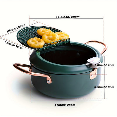 Deep Fryer Pot, 4.3L/11 Inch Japanese Tempura Frying Pot with Fahrenheit Thermometer, Nonstick Carbon Steel Oil Fryer, for Tempura/Frech/Fish/Chicken Fries, Easy Clean, Green