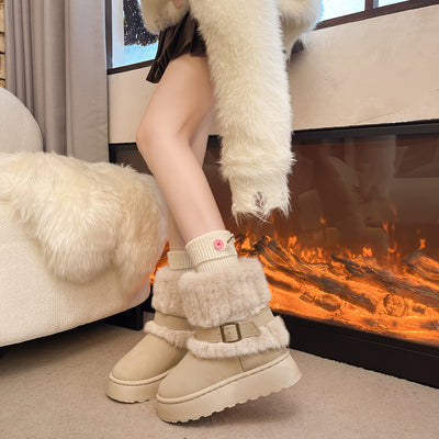 Women'S Winter Boots with Thick Non-Slip Sole - Beige/White Cold Weather Snow Boots, Cushioned Insole & Buckle Closure for Everyday & Formal Outfits - Warm Ankle Boots for Fall and Winter Seasons, Ladies Winter Boots, Plush L