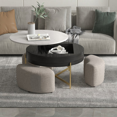 Modern Lift-Top Coffee Table with Storage & Stools - Adjustable Height, Faux Marble Top, Wooden Base, Space-Saving Design for Living Room or Office, Coffee Table for Living Room, Office Furniture, Contemporary Furniture, Eleg
