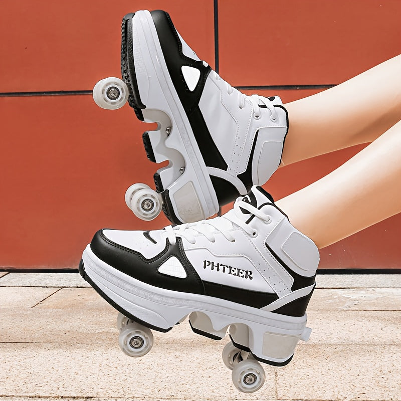 Unisex Roller Skates for Adults & Teens - 4-Wheel Retractable Design, White & Black Checkered Pattern, Synthetic Synthetic Faux Upper, TPR Sole, Lace-Up Closure, All-Season Outdoor Sports & Casual Wear, Roller Skates for Adul