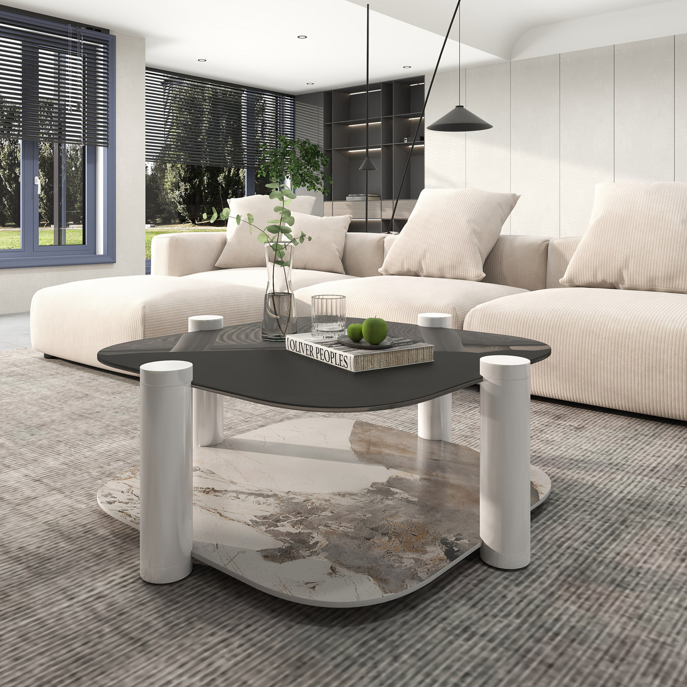 35.4 Inches Coffee Table, 2-layer Storage Space, Round Decorative Table, Rock Board And Glass Can Be Freely Matched, Suitable For Living Room, Bedroom, Small Space