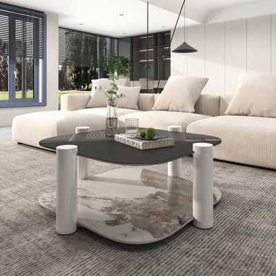 35.4 Inches Coffee Table, 2-layer Storage Space, Round Decorative Table, Rock Board And Glass Can Be Freely Matched, Suitable For Living Room, Bedroom, Small Space