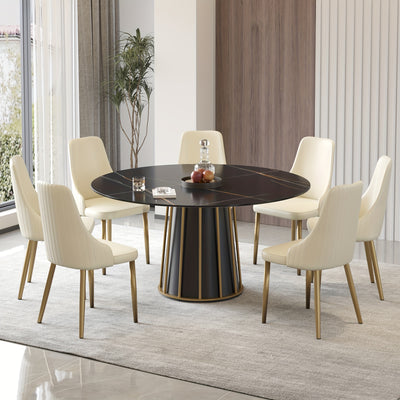 Round Dining Table - Marble Dining Room Table Round Kitchen Table for 4 to 6 (Dining Table Only, Chairs Not Included), Glossy Sintered Stone Tabletop with Metal Base Circle Dining Table for Kitchen