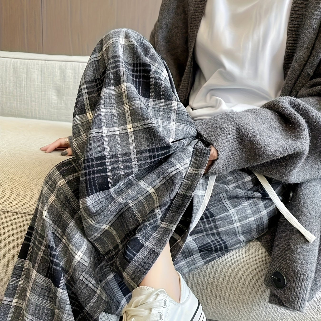 Women's Black & White Plaid Wide-Leg Pants - All-Season Loose Trousers with Drawstring Waist, Non-Transparent Casual Everyday & Formal Outfits, Machine Washable Elegant Pants for Women, Comfortable Clothing, Korean Fashion St