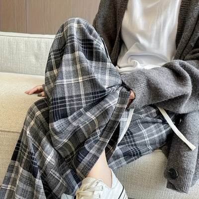 Women's Black & White Plaid Wide-Leg Pants - All-Season Loose Trousers with Drawstring Waist, Non-Transparent Casual Everyday & Formal Outfits, Machine Washable Elegant Pants for Women, Comfortable Clothing, Korean Fashion St