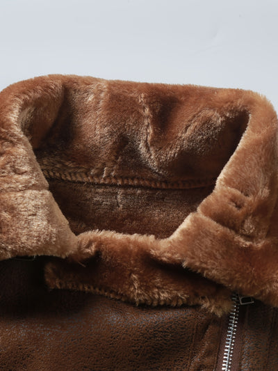 Men's Slim Fit Jacket with Faux Fur Trim - Casual Brown Zip-Up Coat, Long Sleeve, Polyester Blend for Casual Attire