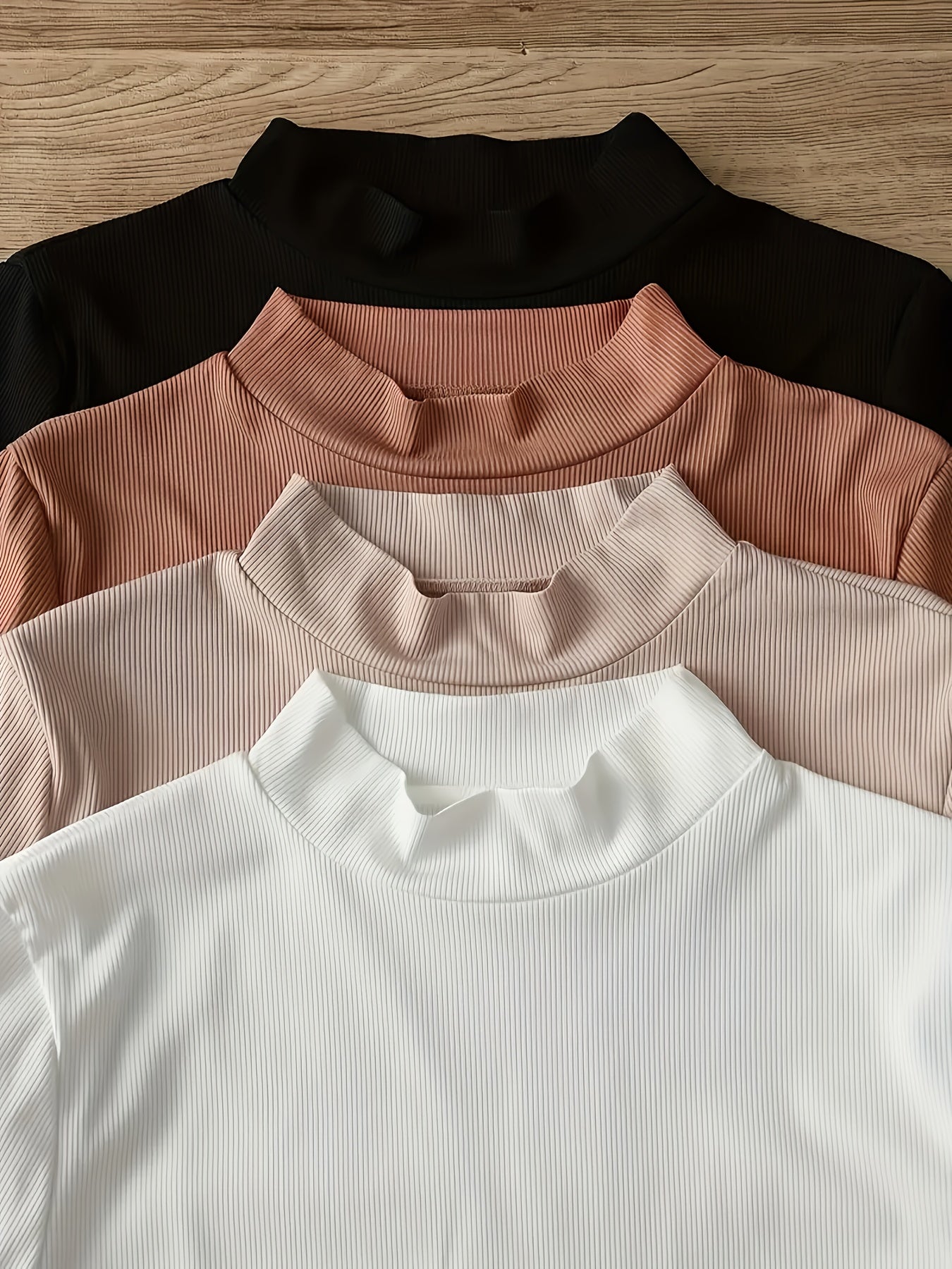 High-Neck Long Sleeve Four-Piece Set T-Shirt, Black Ten White Ten Coffee Ten Apricot