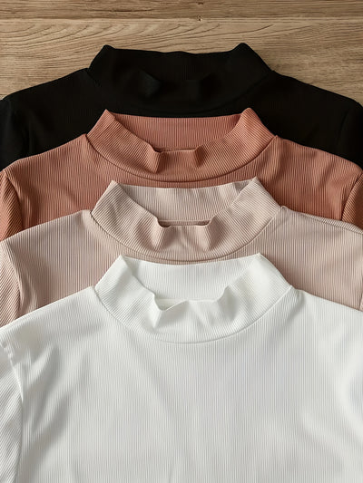 High-Neck Long Sleeve Four-Piece Set T-Shirt, Black Ten White Ten Coffee Ten Apricot