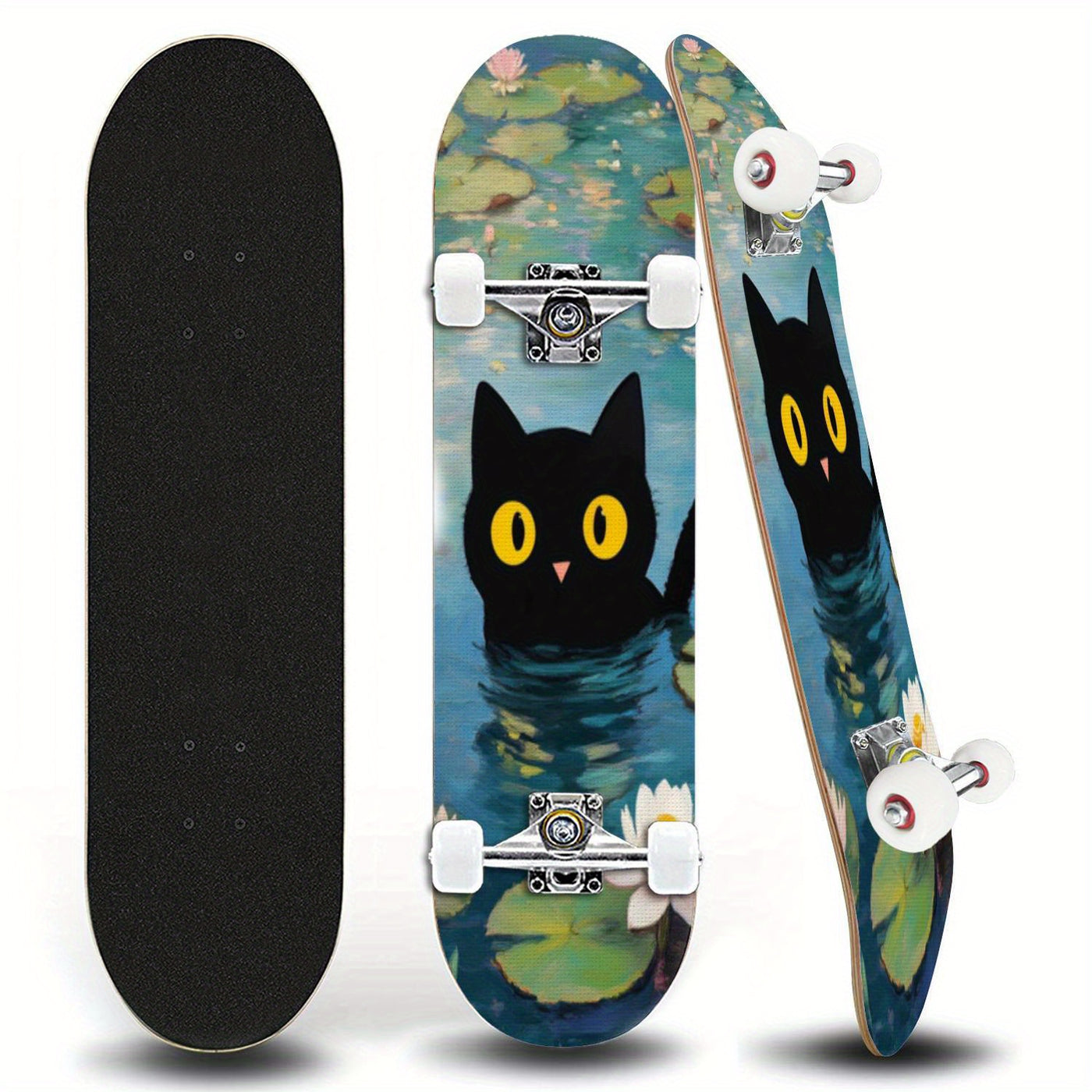 Black Cat Graphic Skateboard with Vibrant Street Art Design - Double Kicktail, ABEC-7 Bearings & Grip Tape for All Skill Levels - Durable Beginner to Pro Skateboard - Perfect Holiday Gift, Skateboarding for Fun, Playful Skate