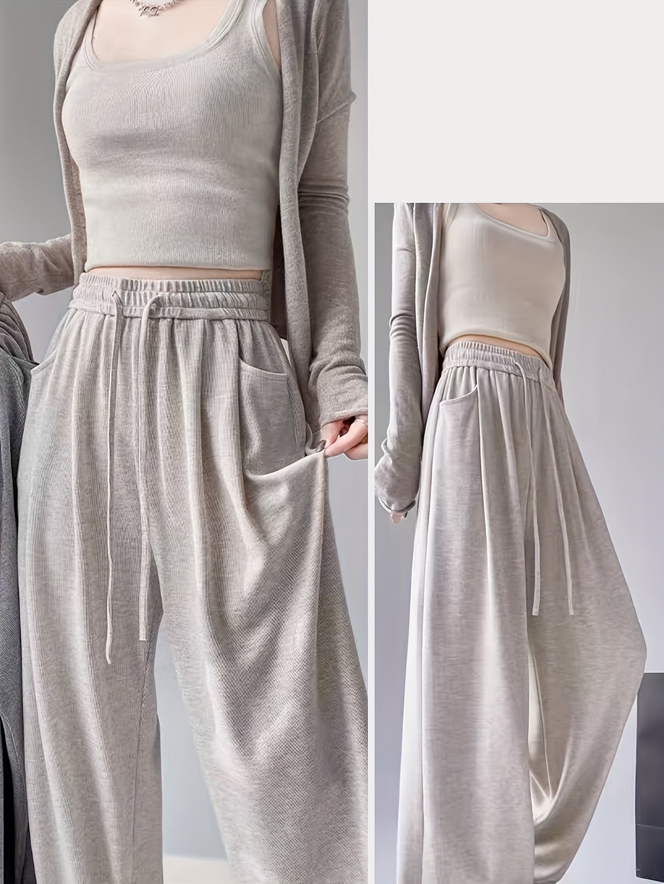 Women's Elegant Winter Pants - Soft Tapered Leg Wide-Leg Trousers with Drawstring Waist & Side Pockets - Loose-Fit Solid Grey/Beige/Black/Brown/Blue/Red/White/ - Machine Washable Formal & Everyday Pants for Fall & Winter - Re