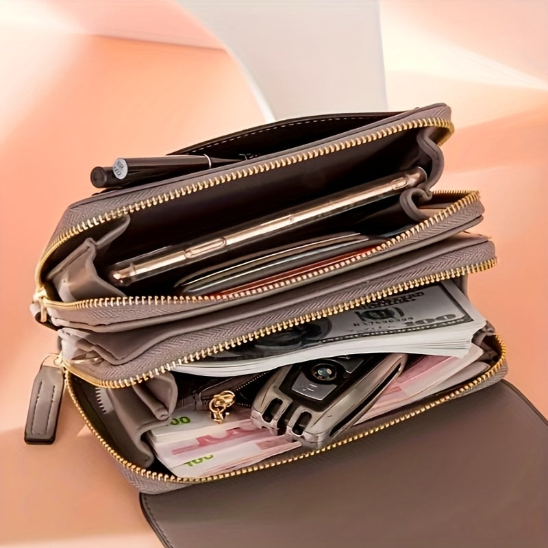 Women's Fashionable Square Cell Phone And Coin Shoulder Bag, Double Zipper Multi-compartment Women's Small Square Bag with Card Slots And Detachable Adjustable Shoulder Strap, Korean Style Fashionable PU Crossbody Bag Wallet