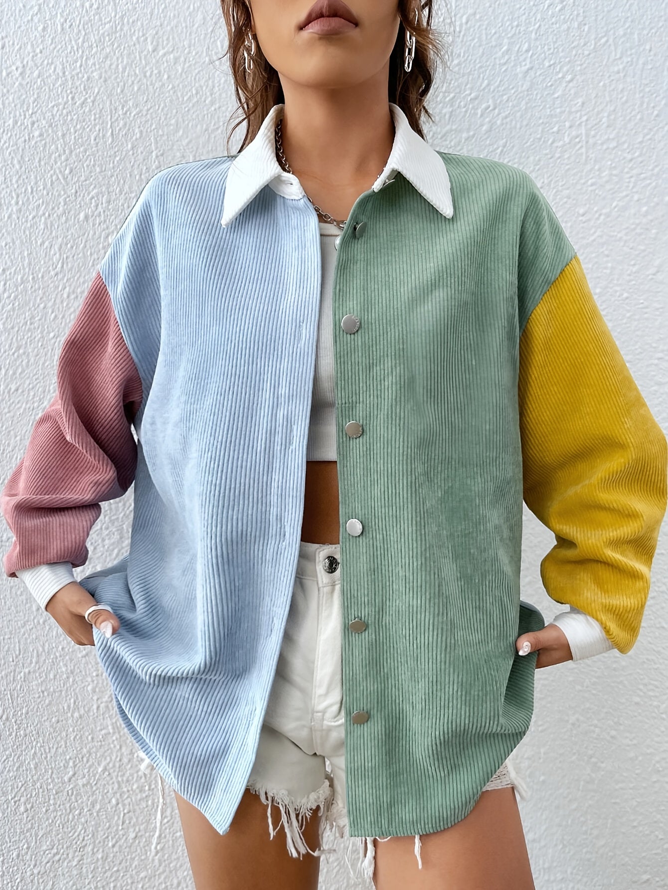 Color Block Button Front Shirt, Casual Long Sleeve Drop Shoulder Shirt For Spring & Fall, Women's Clothing