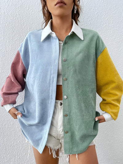 Color Block Button Front Shirt, Casual Long Sleeve Drop Shoulder Shirt For Spring & Fall, Women's Clothing