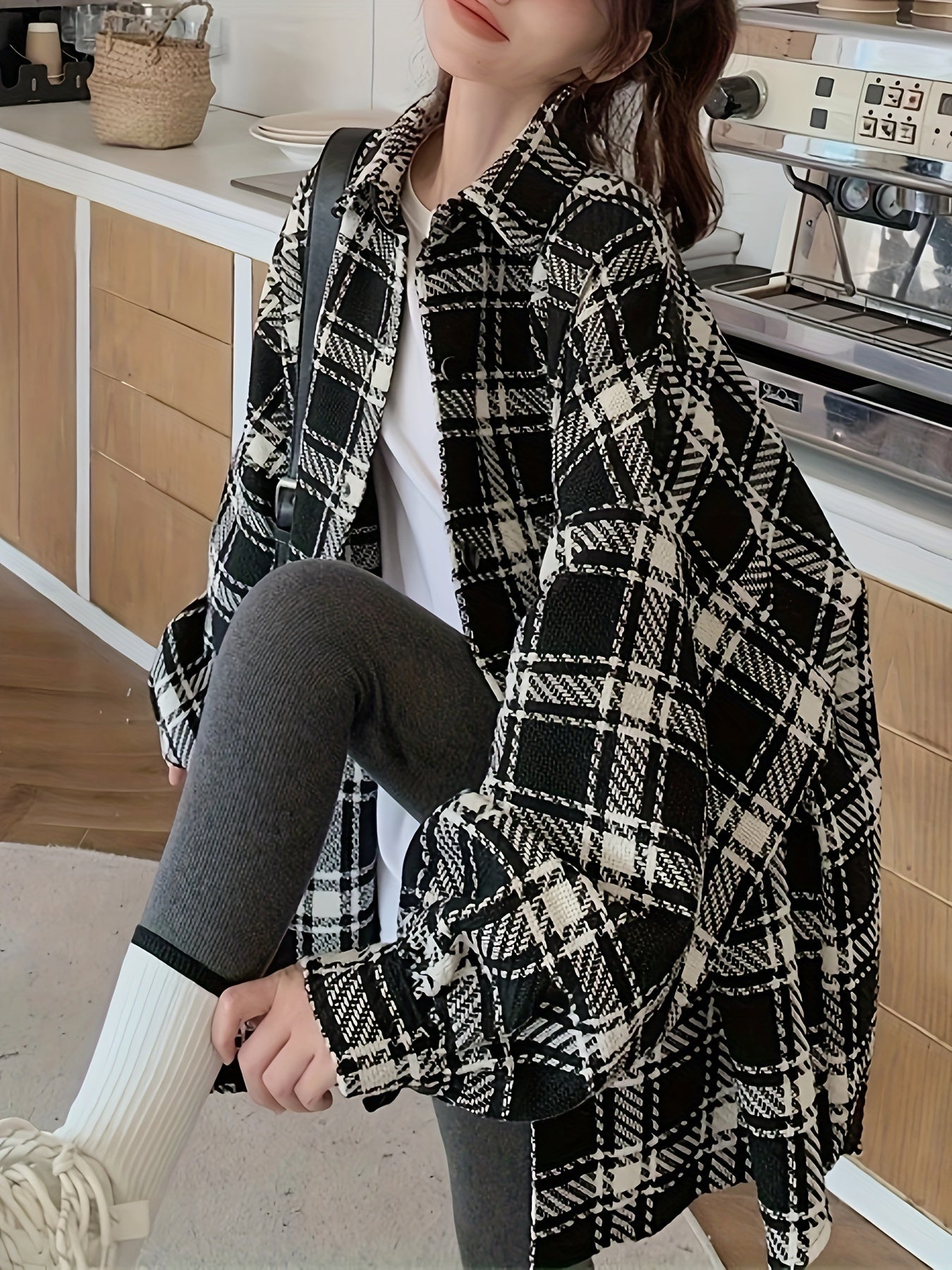 Women's Plus Size Plaid Shirt, Polyester Blend, Button-Down, Non-Stretch, Seasonal, Casual Top, Oversized, Korean Style, Checkered Pattern, Woven Fabric
