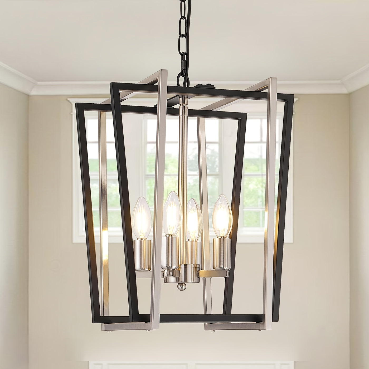 4-Light Adjustable Height Chandelier, Modern Farmhouse Geometric Metal Pendant Light Fixture with Polished Golden Finish & Rust-Resistant Powder Coating, E12 Base for Kitchen Island, Entryway, Foyer, Dining Room, Chandeliers