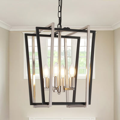 4-Light Adjustable Height Chandelier, Modern Farmhouse Geometric Metal Pendant Light Fixture with Polished Golden Finish & Rust-Resistant Powder Coating, E12 Base for Kitchen Island, Entryway, Foyer, Dining Room, Chandeliers