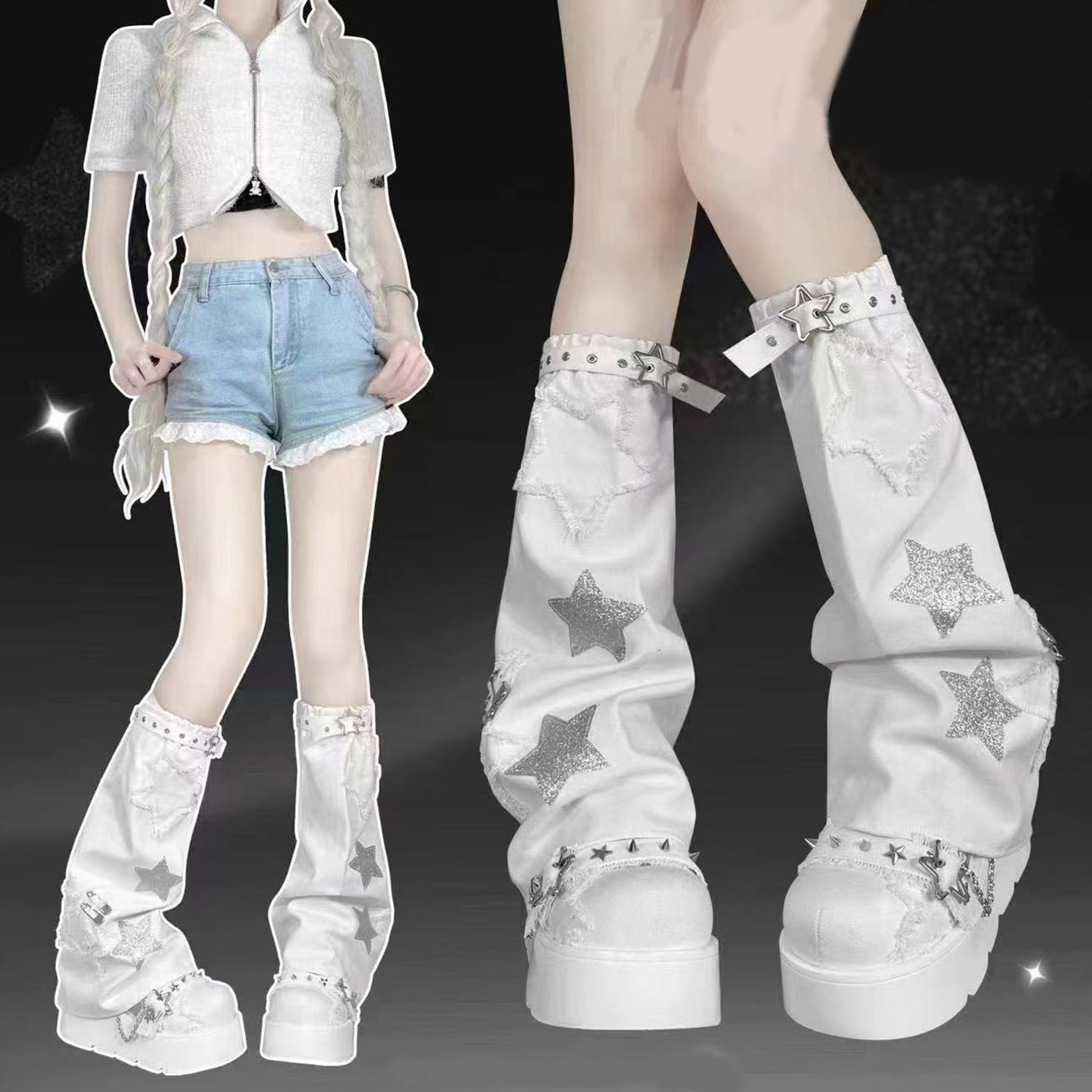 Women'S Y2K Leg Warmers Socks Knitted Star Pattern Punk Japanese Kawaii Wide Leg Set Cute Crochet Out Baggy Flared Leg 80s Arm Warmers Ankle Aesthetic Socks Accessories Streetwear Leg Cover for Fairy Knee High Leg Socks Cutec