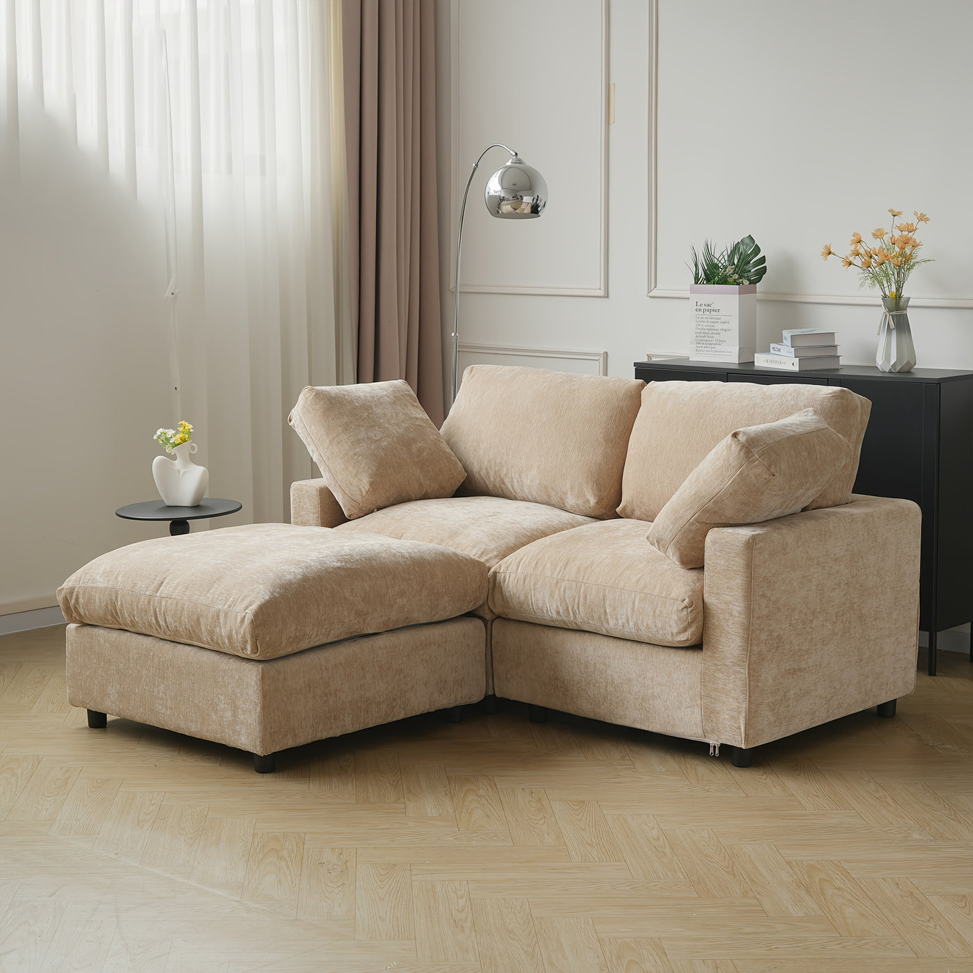67" Modern Convertible Modular Sectional Sofa with Chaise Ottoman - Black Cloud Design, Washable Fabric & Linen-like Cover, Hardwood Frame, Plush Cushion Backrest, Minimalist L-Shaped or Straight Configuration for Living Room