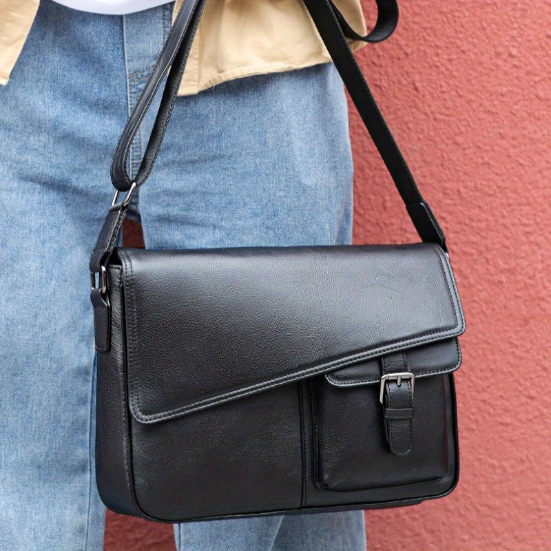 Genuine Leather Unisex Crossbody Messenger Bag - Sleek Minimalist Design with Adjustable Strap, Multiple Compartments & Metal Hardware, Black for Men & Women, Casual & Professional Use, Versatile Travel Purse | Korean Fashion