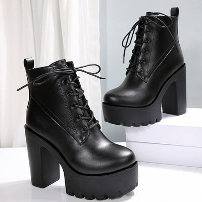 Women'S Chunky Heel Ankle Boots - Black PU Cover with Lace-Up Front & Side Zipper, Round Toe, Thick Sole for Stability, Versatile for Casual & Formal Outfits, High Heel Boots, Stability Footwear, Durable Tpr Sole