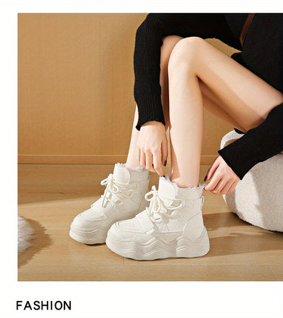 2024 Winter Fleece-Lined White Sneakers - Korean Style Insulated Women'S High-Top Lace-Up Shoes, Thick-Soled Casual & Sports Shoes with PU Upper, Rubber Sole, and Breathable Fabric Lining for Cold Weather Comfort, Casual Foot