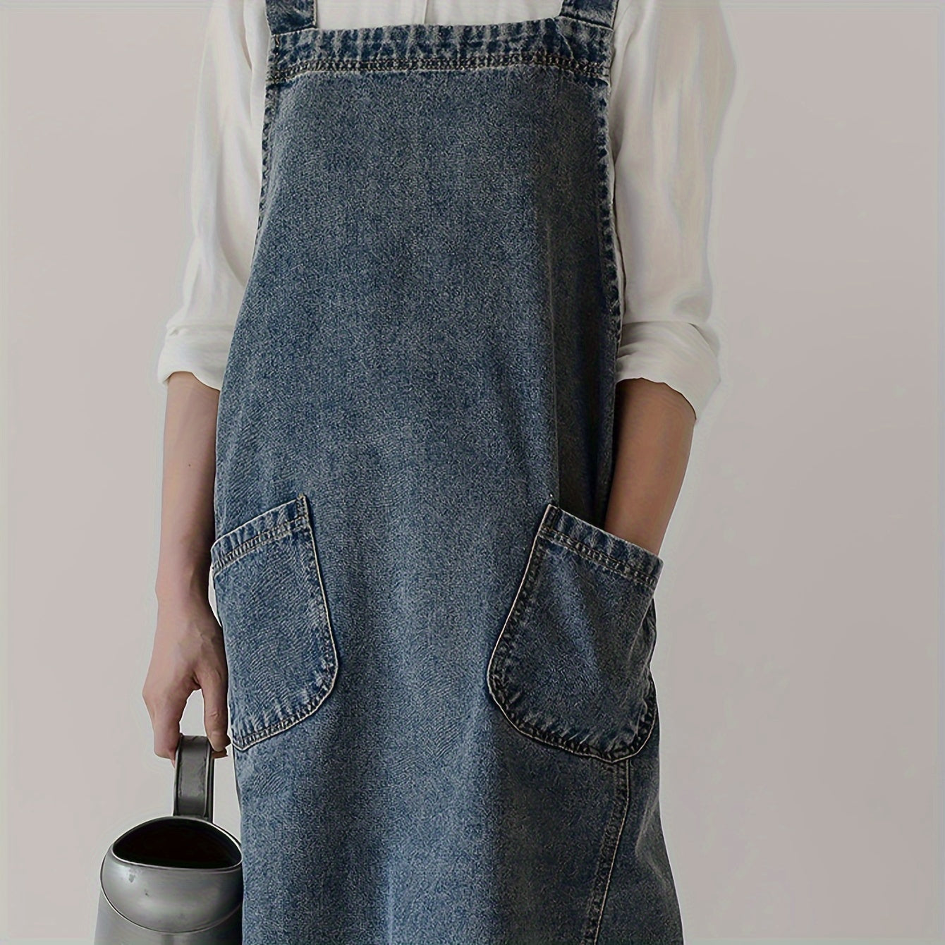 1pc Japanese Korean Style Pure Cotton Canvas Denim Apron, Washable Kitchen Bib, Workwear, Kitchen Apron With Front Pockets, Kitchen Supplies