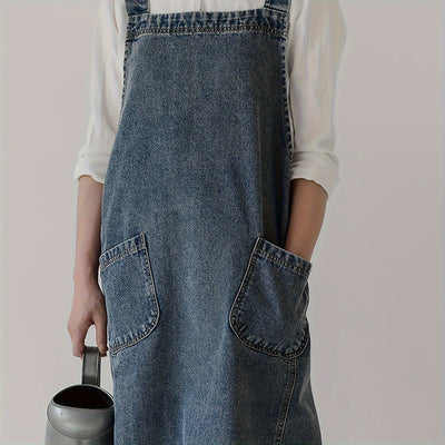 1pc Japanese Korean Style Pure Cotton Canvas Denim Apron, Washable Kitchen Bib, Workwear, Kitchen Apron With Front Pockets, Kitchen Supplies