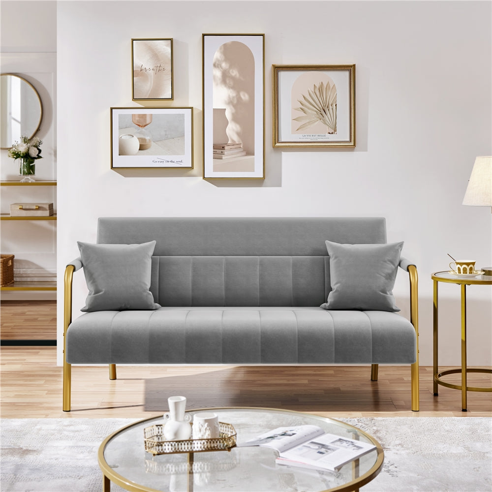 Costoffs Velvet Fabric Sofa Couch, 56.5″ W Modern Loveseat Couch with Gold-tone Metal Arms, Legs & 2 Pillows, Sofa for Living Room, Bedroom Furniture, Halloween Gift, Pink/Green/Gray