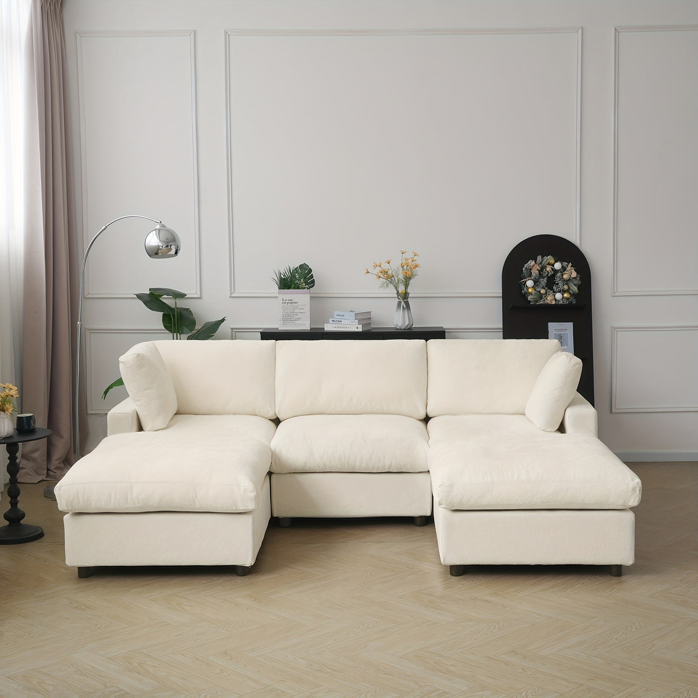Modern U-Shaped Modular Sectional Sofa with Ottomans - Convertible L-Shaped or Straight Configurations, Washable Removable Cushions & Slipcovers, Plush Foam-Filled Cloud Design, Beige/Black Fabric Sofa for Large Living Rooms,