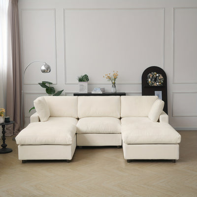 Modern U-Shaped Modular Sectional Sofa with Ottomans - Convertible L-Shaped or Straight Configurations, Washable Removable Cushions & Slipcovers, Plush Foam-Filled Cloud Design, Beige/Black Fabric Sofa for Large Living Rooms,