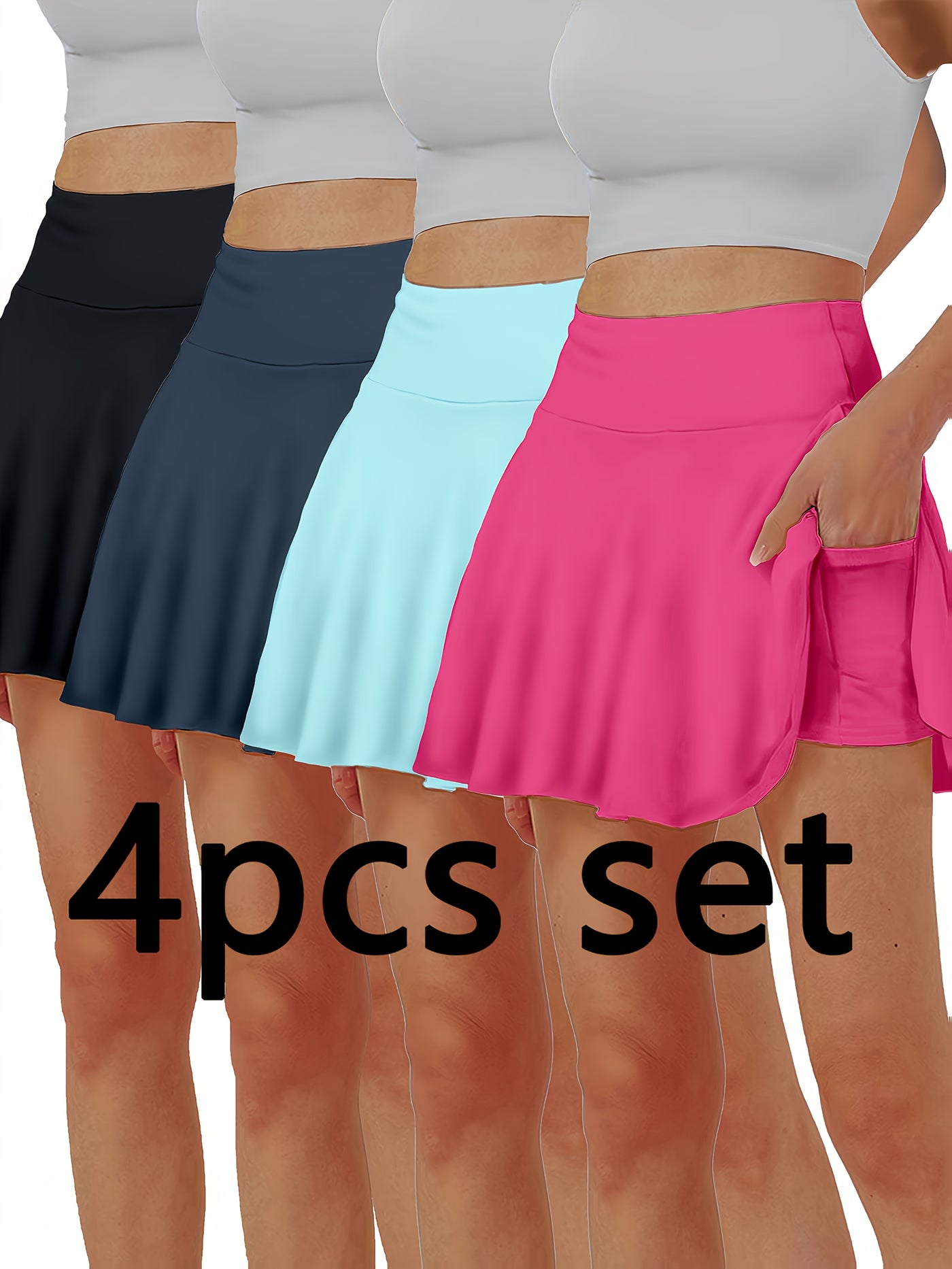 4pcs Women'S Skirt, Elegant Half Waist Skirt, Summer Skirt, Korean Pocket, Gift for Wife, Family, Friends, Breathable Skirt with Built-In Shorts, Anti-Exposure Skirt with Pocket