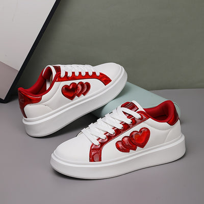 Casual Flat White Shoes, Versatile Korean Style for All Seasons, Harajuku Student Heart-Shaped Lace-Up Sneakers, Fashionable Lightweight Women'S Shoes, New Thick-Soled Platform Shoes.