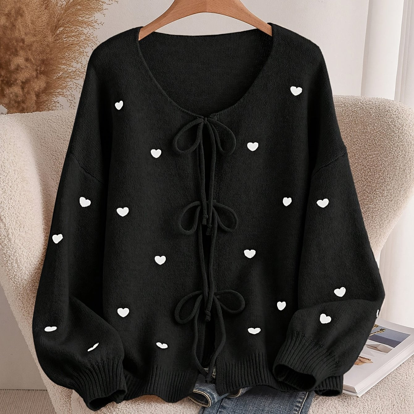 Women'S Soft Pink Sweater - Pastel Pink Cardigan with Front Tie-Waist, Heart Pattern, Boat Neck Longline Blouse for Fall/Winter Layering - Cozy Chic Sweater for Everyday Formal Outfits, Cute Sweaters, Winter Wardrobe, Feminin