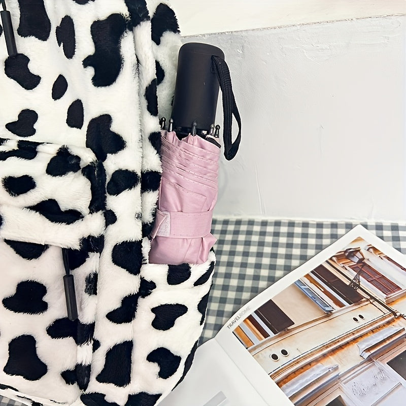 Women'S Cow Print Fleece Backpack, Korean Style Casual Shoulder Bag, Polyester Lining, Adjustable Straps, Zip Closure, Lightweight, Random Print, Versatile for School & Outings