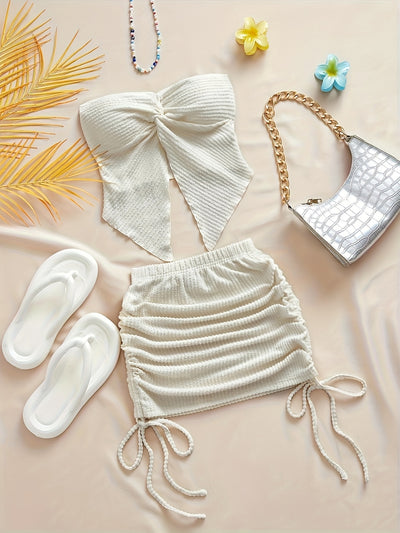 Solid Color Twist Strap Top and Side Drawstring Mini Skirt Set
