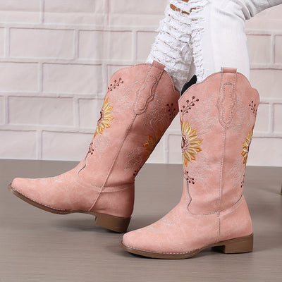 [Mid Calf Embroidered Western Boots] Women's Embroidered Mid Calf Western Boots, Faux Leather Fashion Boots, Women's Footwear